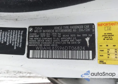 2006 BMW 750I from USA, damaged, VIN WBAHL83596DT06824